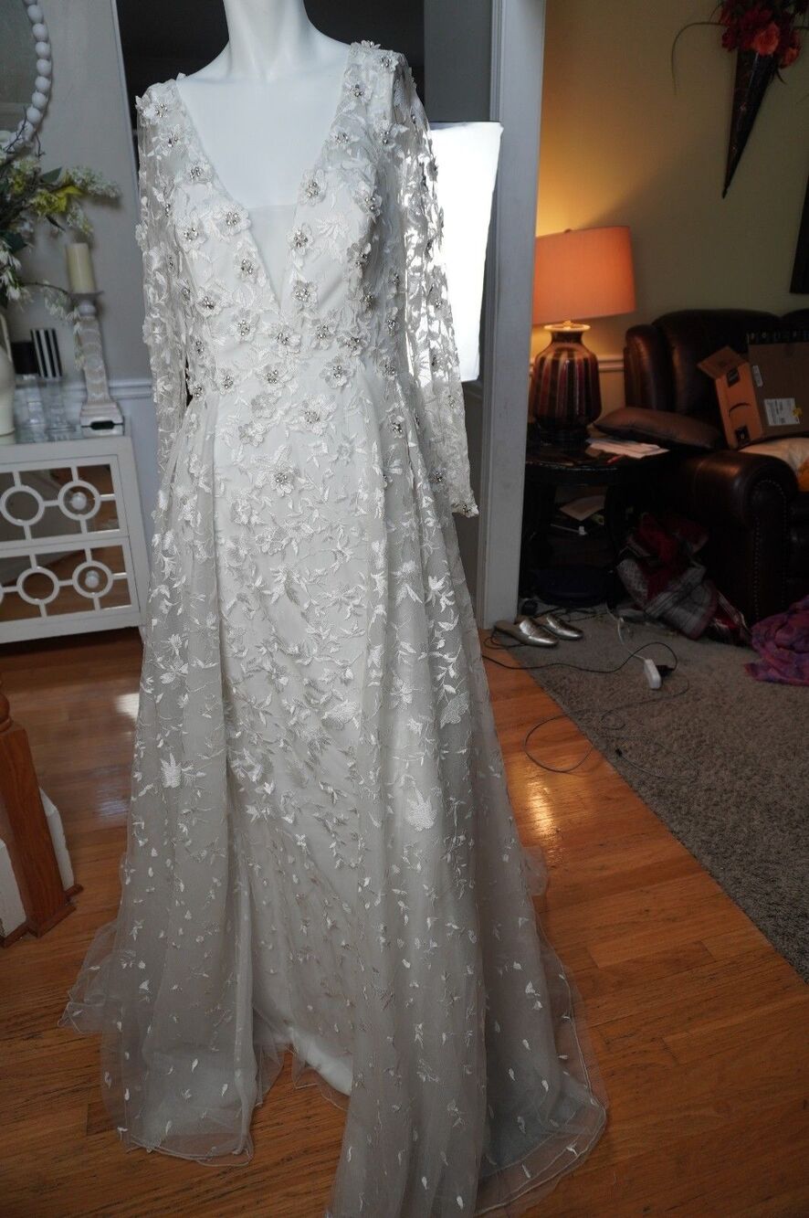 Guadalajara Boutique Long Sleeve 3D Floral Appliqué Wedding Dress White Sz SP 12